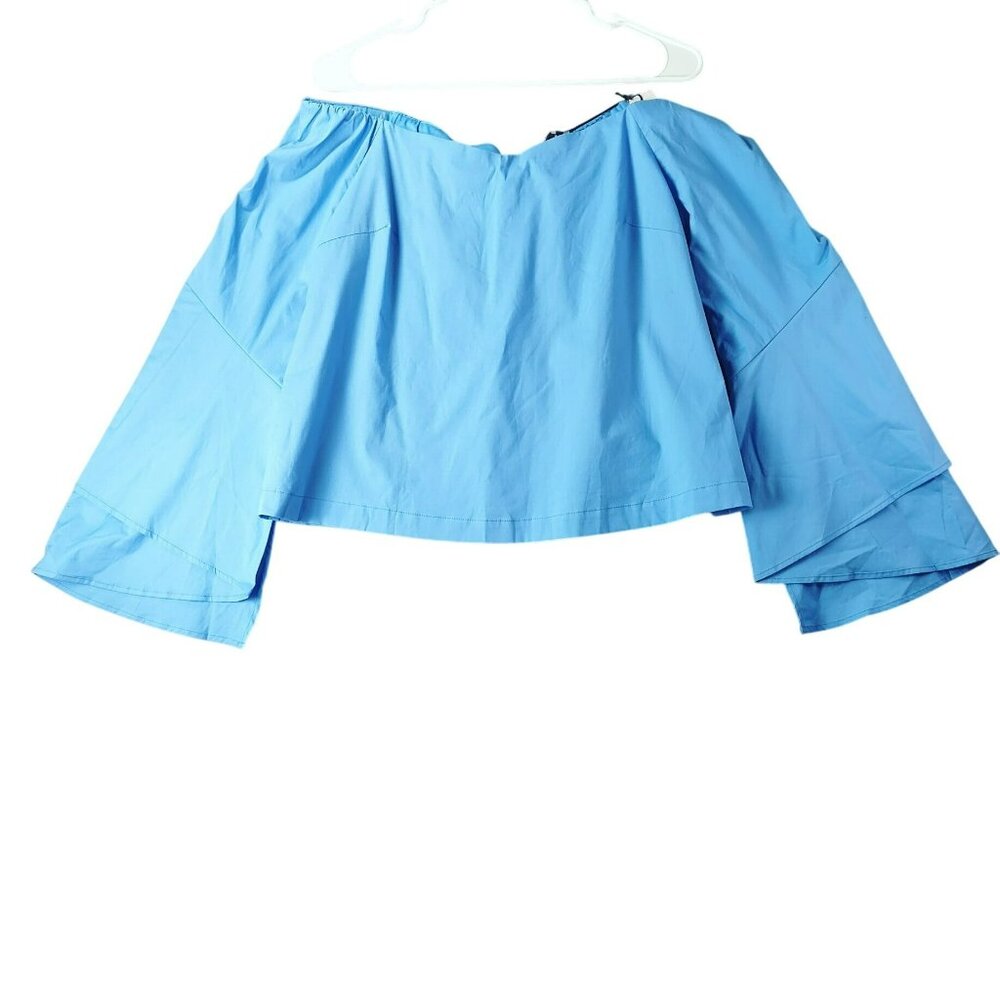 Shinestar Off-Shoulder Cropped Top With Flared Sleeves Size L Blue NWT